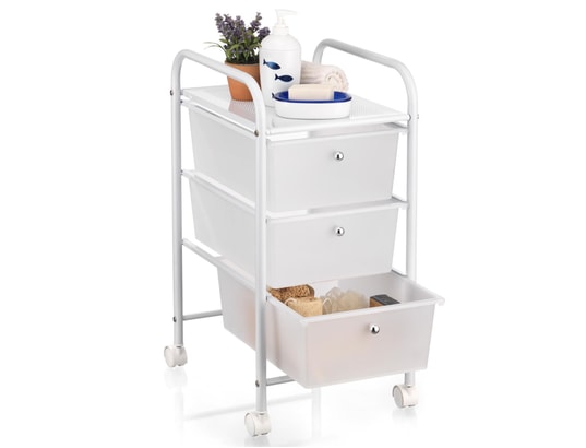 Chariot Rangement IDIMEX GINA - 3 Tiroirs Plastique + 1 Étagère - Roulettes - Blanc - 33x65x39cm