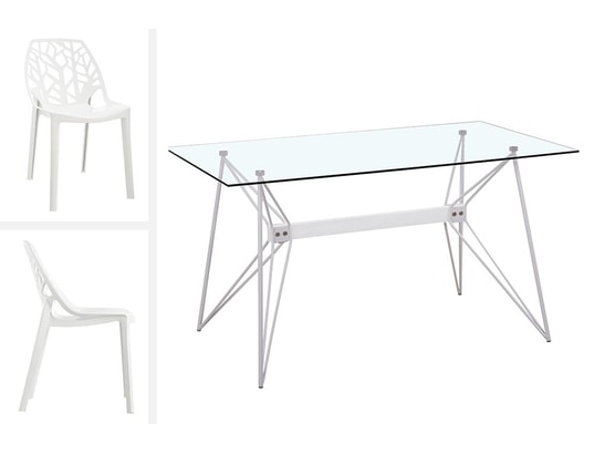 Ensemble Table Et 4 Chaises MALAGA Design - Plateau Verre Noir & Blanc, Pied Métal Gris (100x100x75 Cm)