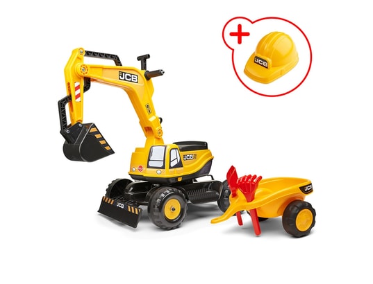 Pelleteuse jcb avec assise ouvrante remorque avec pelle rateau et casque inclus jaune FALK 4387