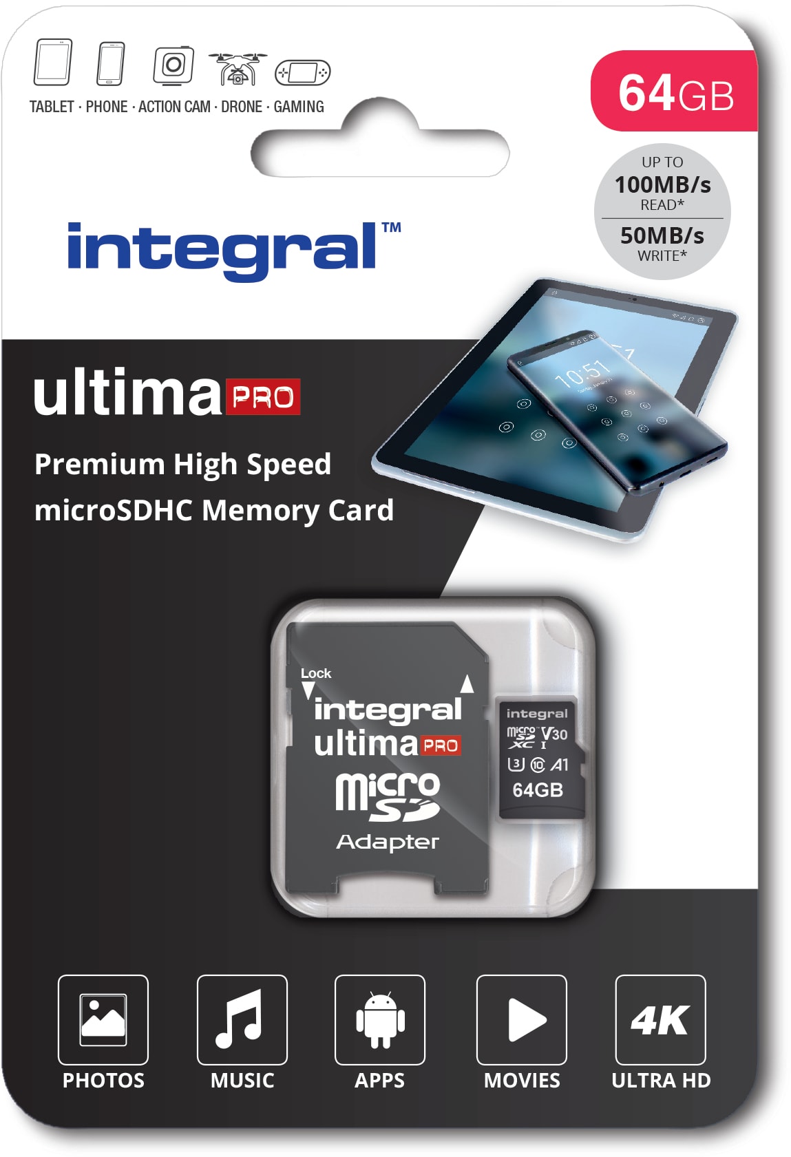 Carte MicroSD Integral UltimaPro 64 Go - Classe 10, UHS-I, Vitesse 90 Mo/s - Avec Adaptateur SD - 4