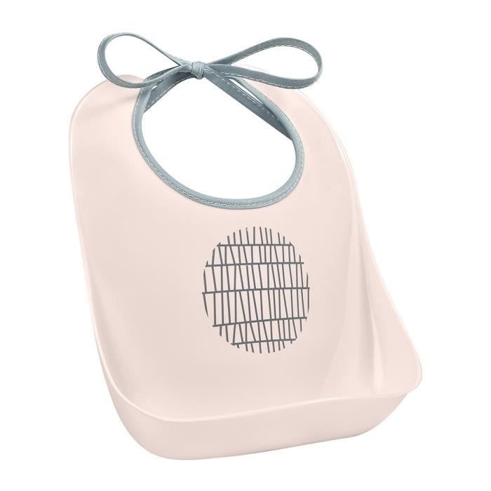 Bavoir BÉABA Plastique Souple Avec Récupérateur - Motif Pink Grid, Fabriqué En France