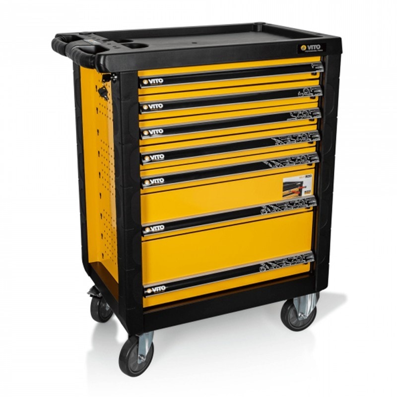 Établi D'Atelier Mobile VITO 182 Cm - 15 Tiroirs, Armoire 3 Portes, Plan De Travail Bois, Charge 500 Kg, Roues Avec Freins