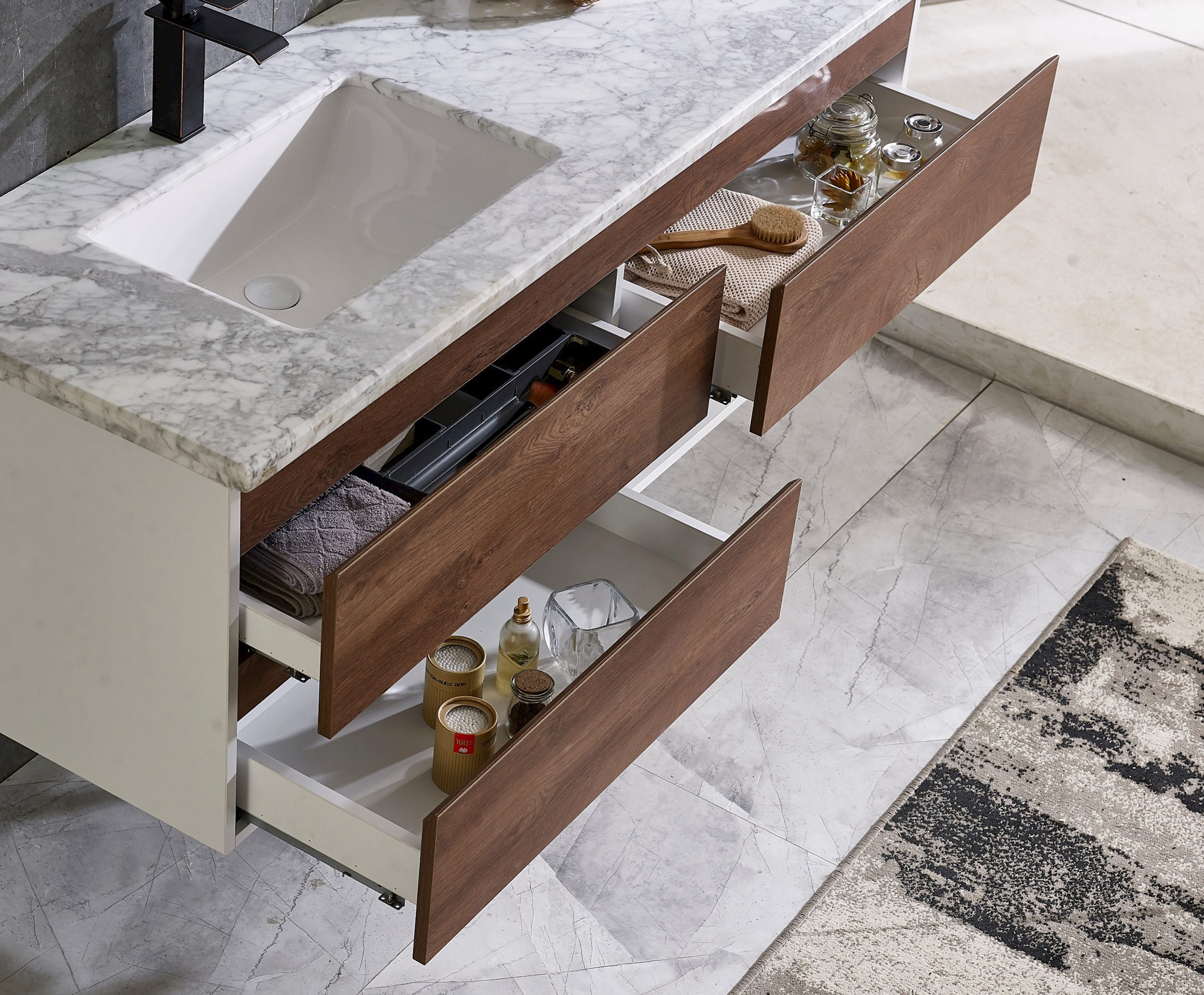 Ensemble meuble salle de bain 100 cm Wengé et vasque en marbre