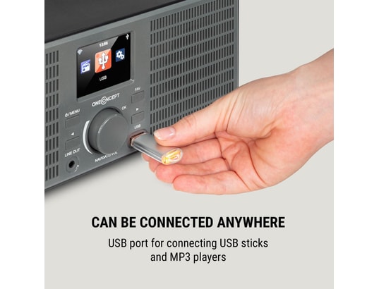 OneConcept TuneUp St - Radio Internet, Interface WiFi, Puissance: 10 W, Contru00f4le Par Application Avec AirMusic, Sortie De Ligne, U00e9cran HCC Display 2 ,4" (Contraste Et Couleur U00e9levu00e9s) - Gris Foncu00e9