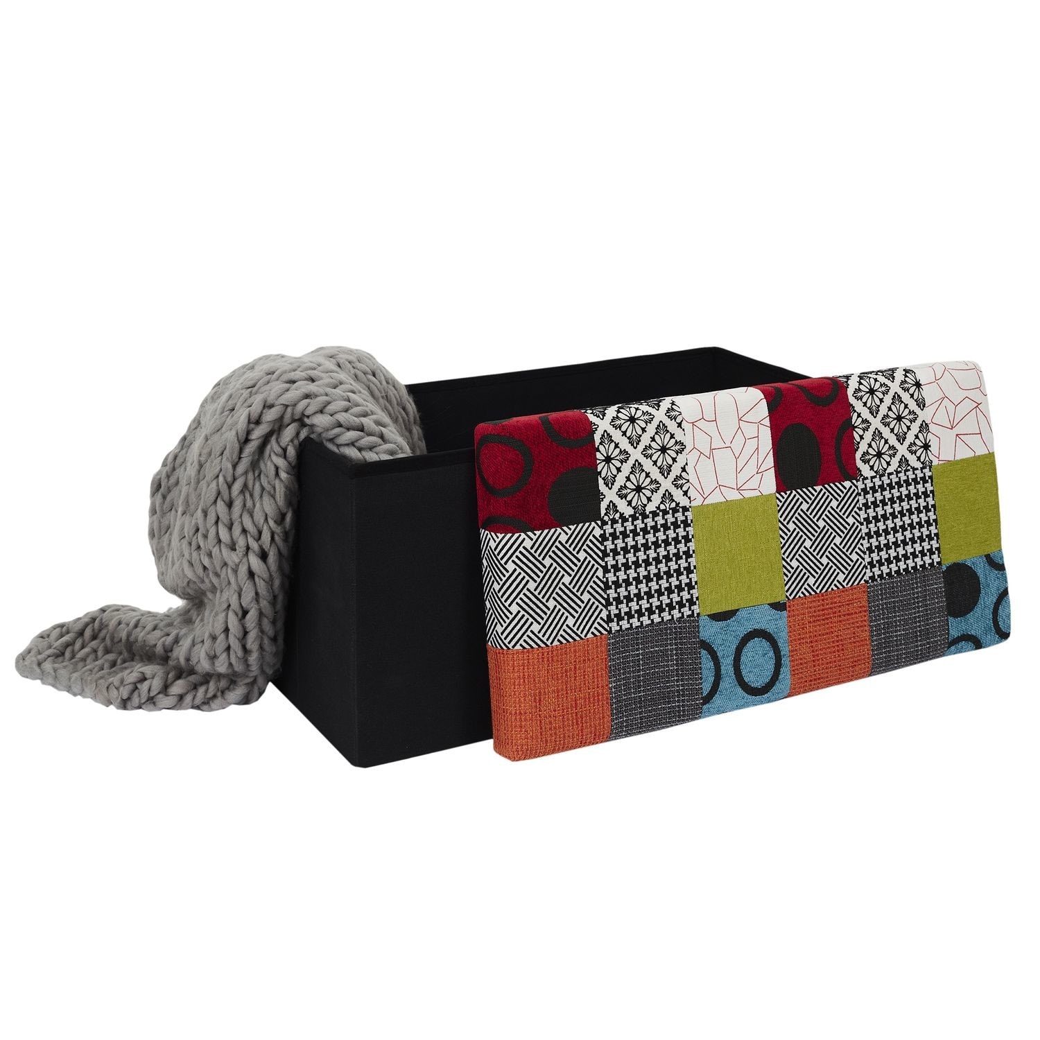 Pouf Coffre De Rangement Patchwork - 38 X 38 X 38 Cm - Multicolore, En Polyester - Pratique Et Pliable