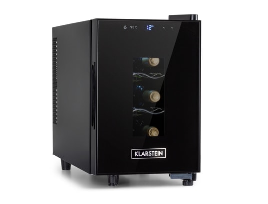 Klarstein Bellevin Uno Wine Refrigerator, Temperature: 11-18°C, Low Noise: 26 dB, 3 Metal Slide-In Levels, LED Lighting, UV Protection, Wine Cooler, Freestanding/Countertop, 23 Litres / 8 Bottles, Black