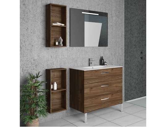 Ensemble meuble salle de bain 90 cm noyer + miroir - manheim - l 90 x l