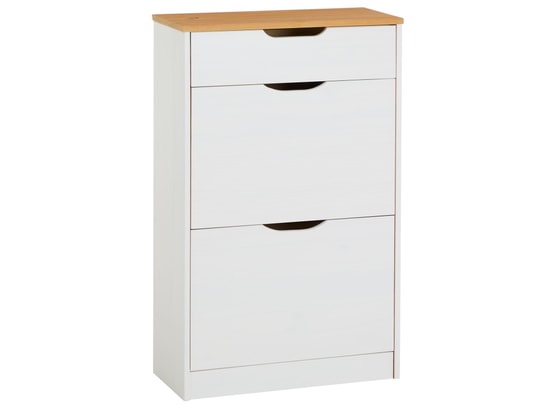 IDIMEX Meuble à Chaussures Basil En Pin Massif Blanc Et Brun - 2 Abattants + 1 Tiroir, Rangement 12 Paires