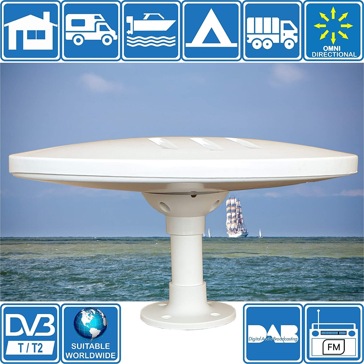 Antenne TV HD Omnidirectionnelle Amplifiée Helio-Magnet 33dB - Pour Camping-Car, Camion, Bateau 12V/24V
