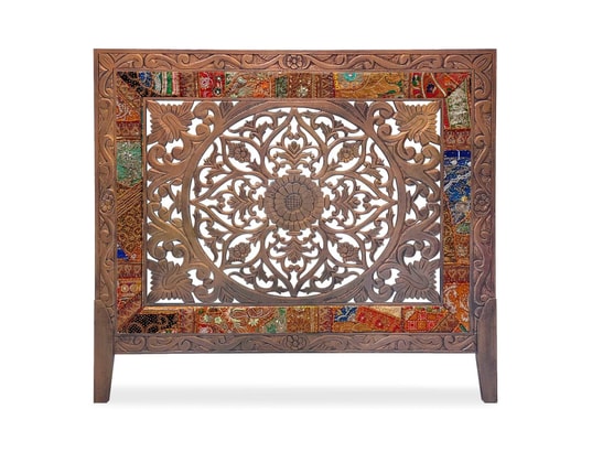 Tête de lit bois sculpté lutetia 160cm bois cuivré et tissu indien MENZZO