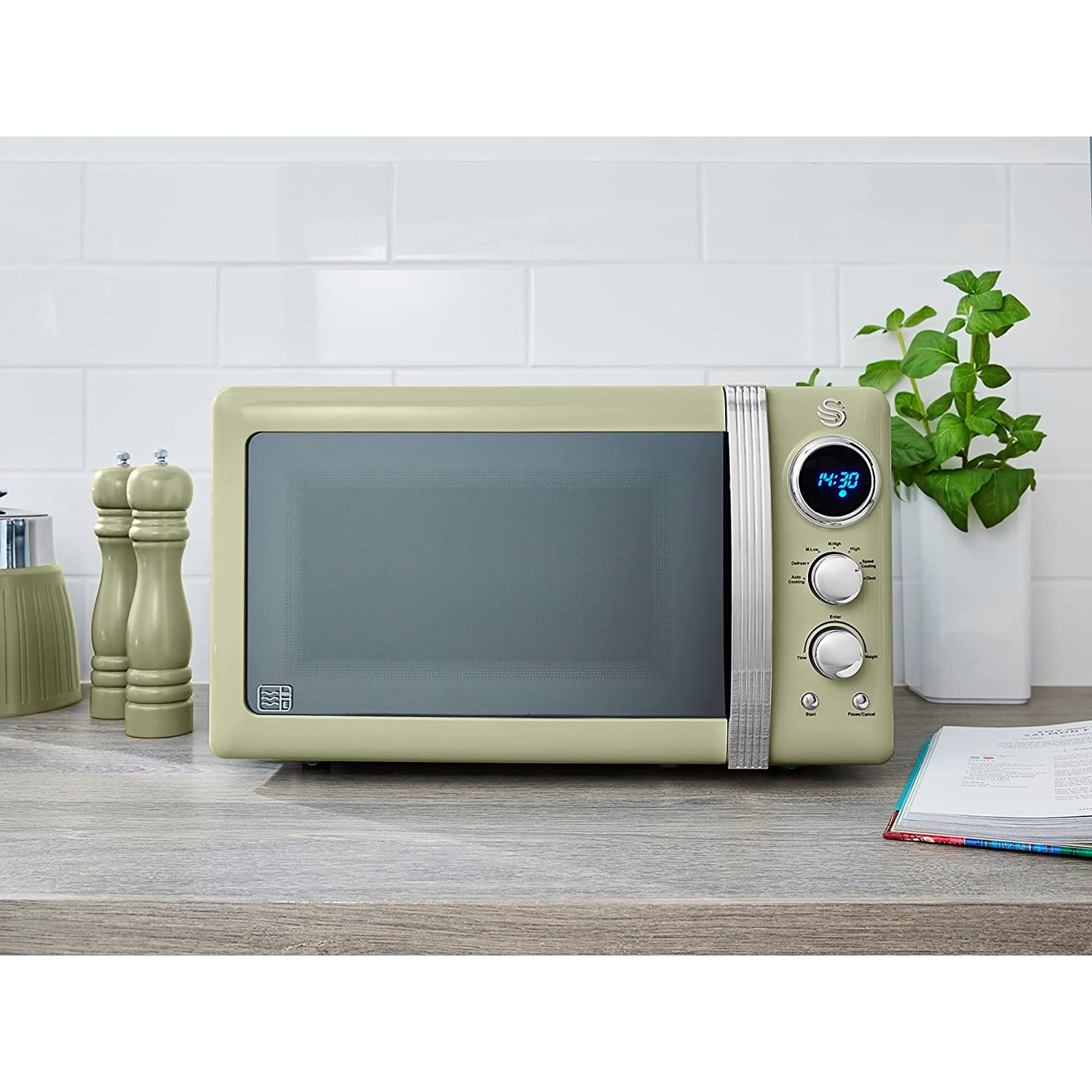 Ensemble Petit-Déjeuner Rétro Swan : Bouilloire 1,8 L, Grille-Pain 2 Tranches, Micro-ondes 20 L - Design Vintage Jaune