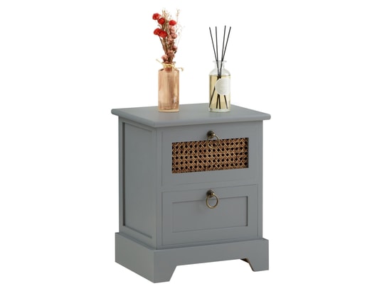 Table De Chevet Padma 2 Tiroirs - Design Vintage Bois Blanc Et Rotin, Meuble De Nuit Élégant
