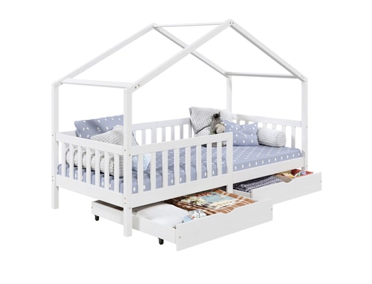 IDIMEX Lit Cabane NUNA Lit Enfant Simple Montessori En Bois 90 X 200 Cm, Avec Rangement 2 Tiroirs, En Pin Massif Lasuré Blanc