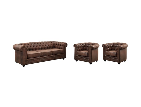 Canapé Club 3 Places + Fauteuil Victory III - Style Industriel, Microfibre Aspect Cuir Vieilli Marron