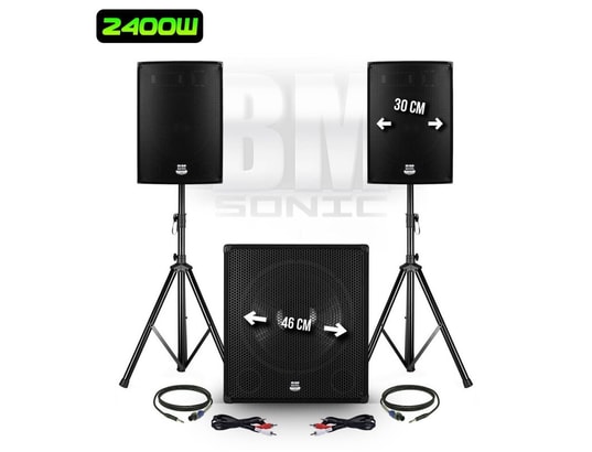 KIT SONO COMPLET 1200W BM SONIC, Salle des fêtes, 2 Enceintes, SUB 38cm USB/Bluetooth, Supports Câbles, Light LED | Rakuten