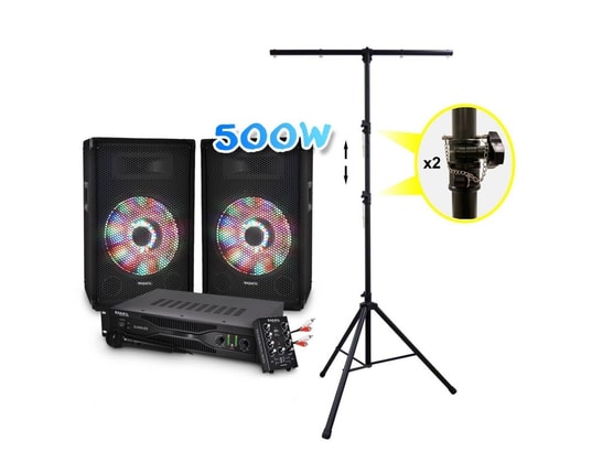 Pack Sono 2 Enceintes 2x400W Ibiza DISCO10B - Ampli 2x480W AMP600-MKII - 2 Portiques DJ Lumières