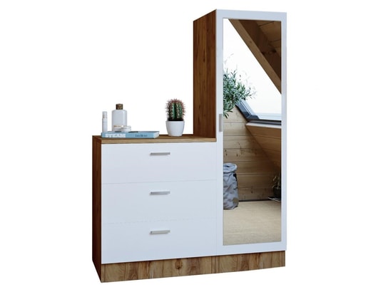 Commode tiroirs avec armoire et miroir blanc et naturel