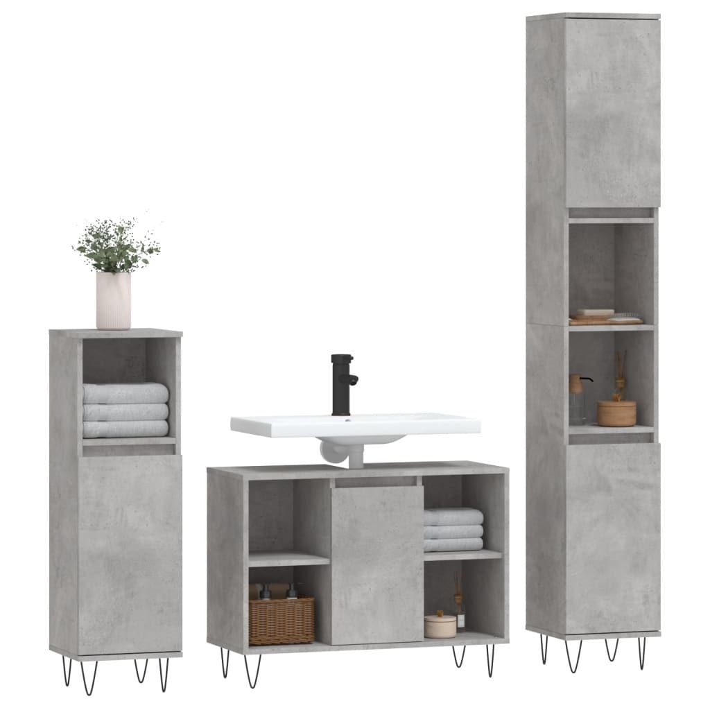Ensemble Meubles Salle De Bain 3 Pièces Gris Béton - Meuble Vasque + 2 Armoires Hautes - Bois Ingénierie, Résistant à L'humidité