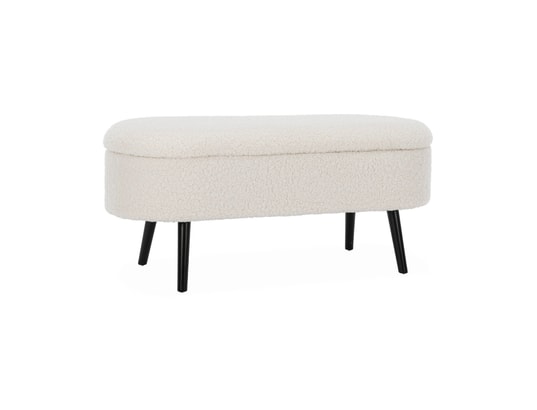 Banc Coffre Bout De Lit En Bouclette Kaki - Pieds Bois Noir - 112x44x50cm - Rangement 50L