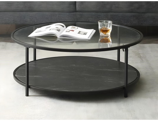 Table basse double plateau en mdf, verre et acier - effet marbre noir
