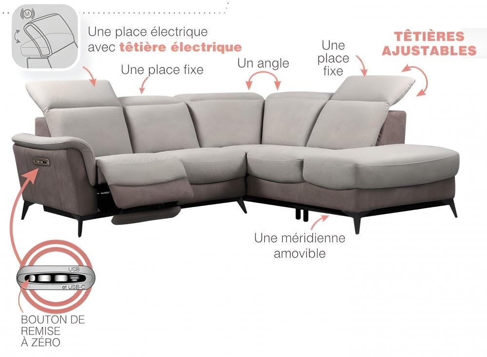 Canapé d'angle droit 5 places polaris une place électrique têtière