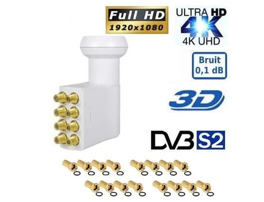 LNB Quad High Gain 70dB - Bruit 0.1dB, Compatible Full HD 4K TNTSAT Astra FRANSAT