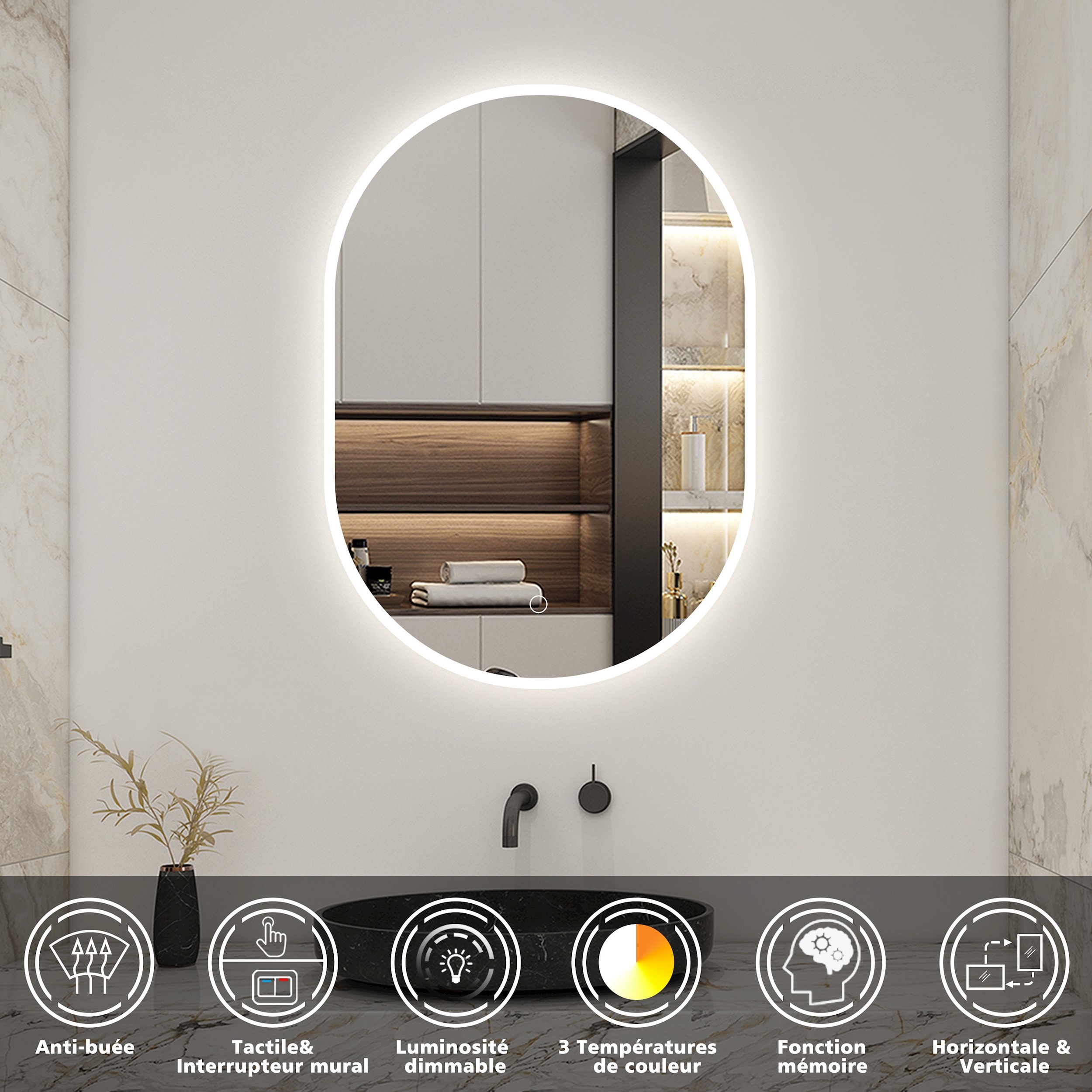 JSLJDM Salle De Bain Vanity Mirror LED Dimmable, Miroir Éclairé Ovale