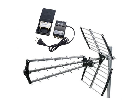 Kit Antenne TNT Trinappe Gain 18dB + Ampli 4 Sorties + 6 Fiches F (Neuf)